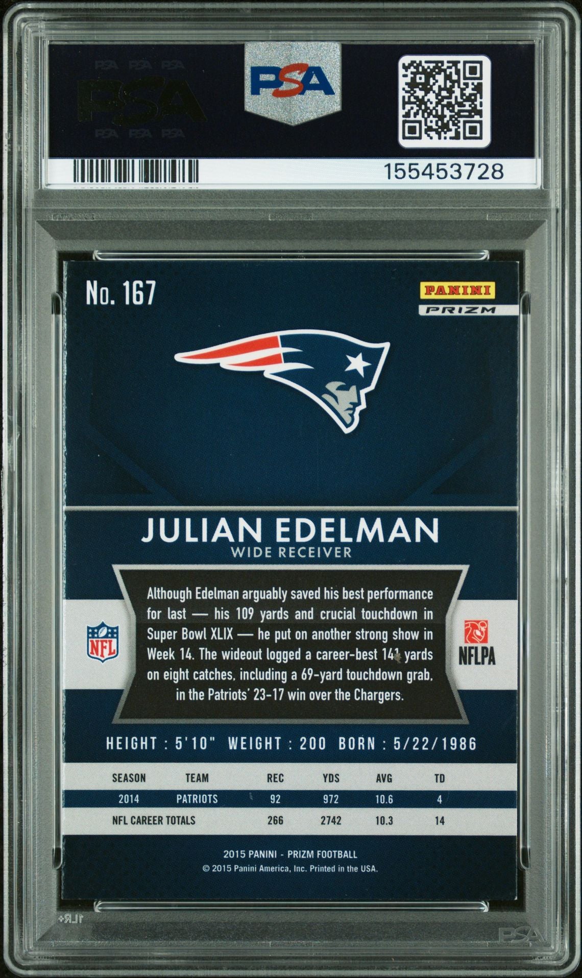 Julian Edelman 2015 Panini Prizm Blue New England Patriots Signed Football Card #167 Graded PSA 8 Auto 10 Cert #155453728