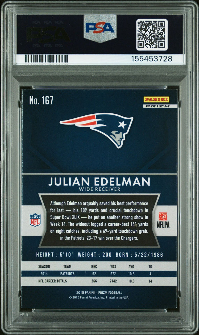 Julian Edelman 2015 Panini Prizm Blue New England Patriots Signed Football Card #167 Graded PSA 8 Auto 10 Cert #155453728-Powers Sports Memorabilia
