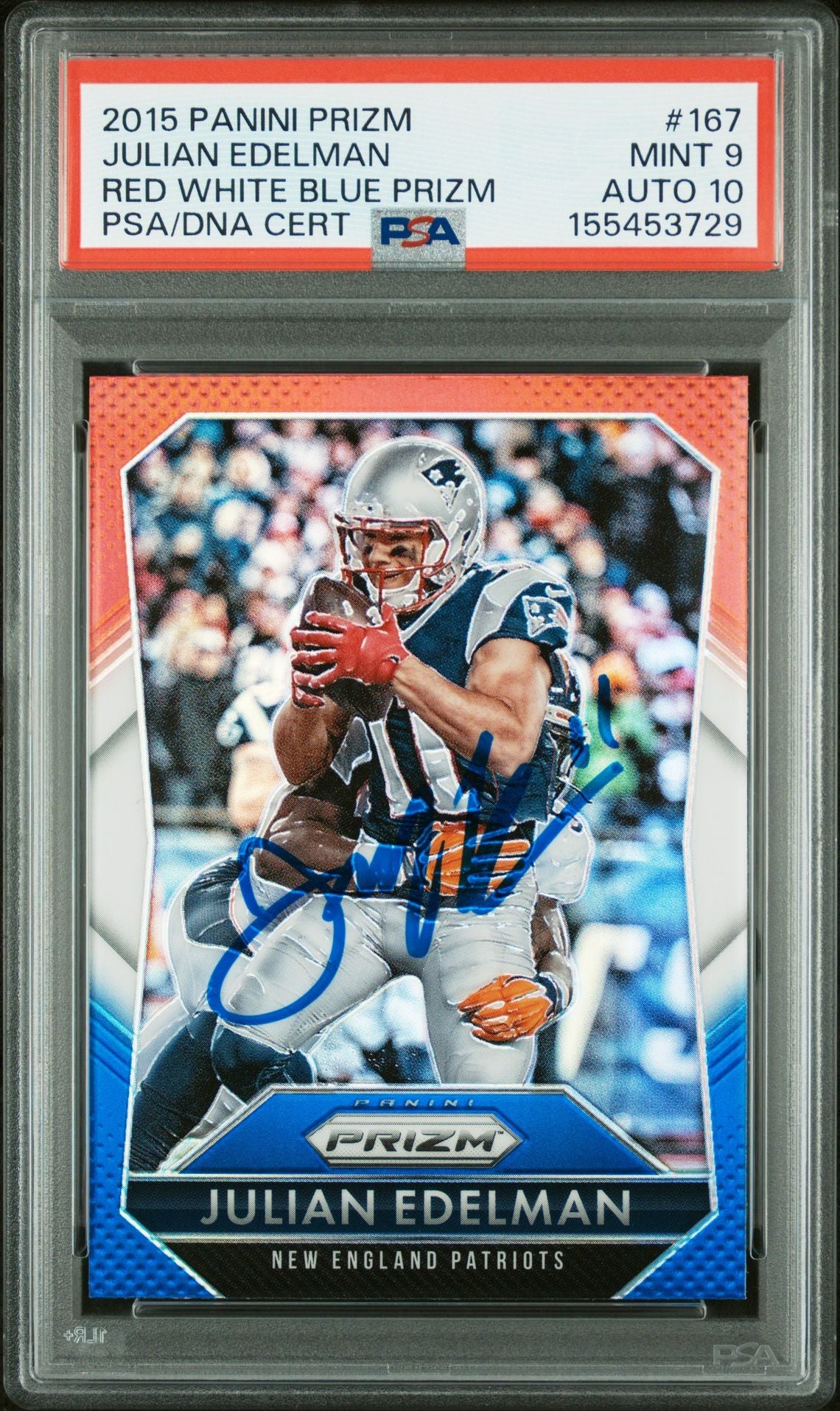 Julian Edelman 2015 Panini Prizm Red White Blue New England Patriots Signed Football Card #167 Graded PSA 9 Auto 10 Cert #155453729-Powers Sports Memorabilia