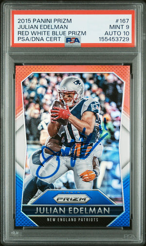Julian Edelman 2015 Panini Prizm Red White Blue New England Patriots Signed Football Card #167 Graded PSA 9 Auto 10 Cert #155453729