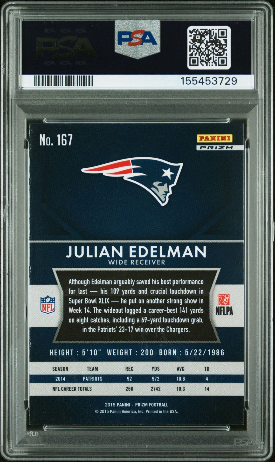 Julian Edelman 2015 Panini Prizm Red White Blue New England Patriots Signed Football Card #167 Graded PSA 9 Auto 10 Cert #155453729-Powers Sports Memorabilia
