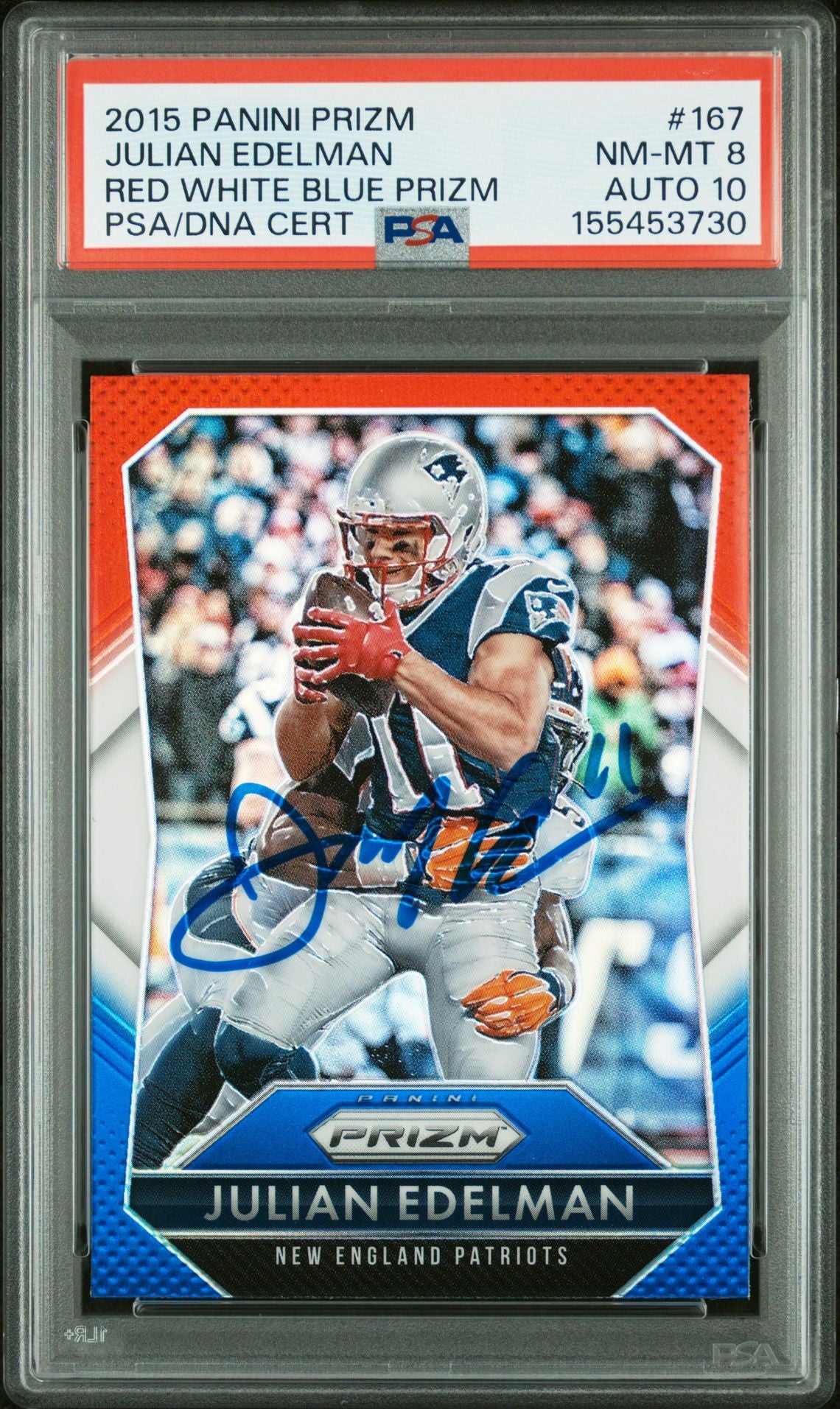 Julian Edelman 2015 Panini Prizm Red White Blue New England Patriots Signed Football Card #167 Graded PSA 8 Auto 10 Cert #155453730-Powers Sports Memorabilia