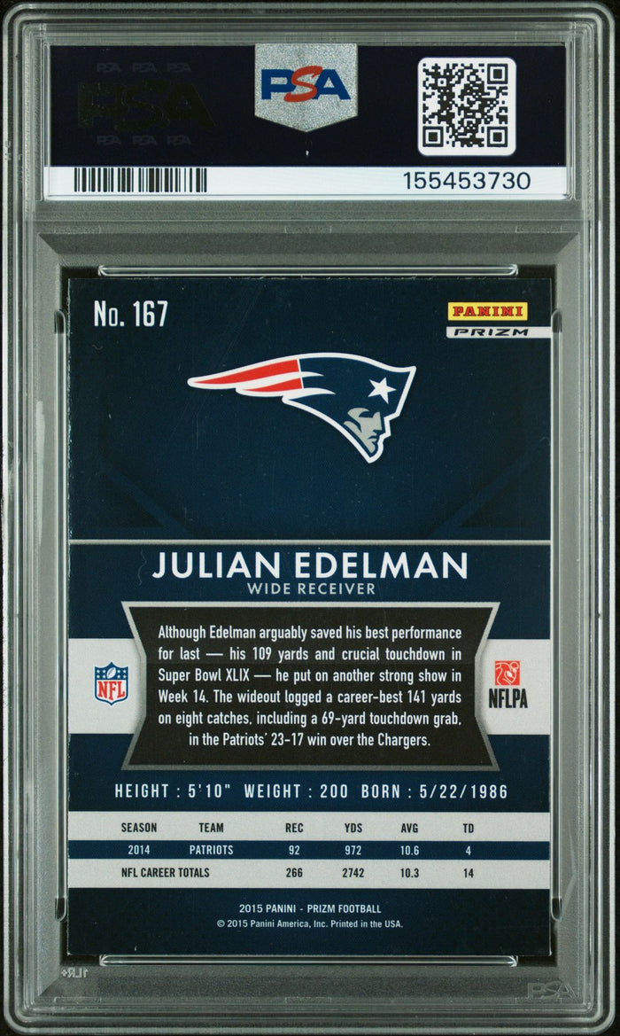 Julian Edelman 2015 Panini Prizm Red White Blue New England Patriots Signed Football Card #167 Graded PSA 8 Auto 10 Cert #155453730-Powers Sports Memorabilia