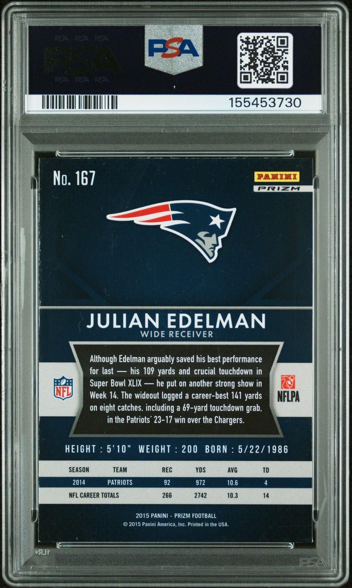 Julian Edelman 2015 Panini Prizm Red White Blue New England Patriots Signed Football Card #167 Graded PSA 8 Auto 10 Cert #155453730-Powers Sports Memorabilia