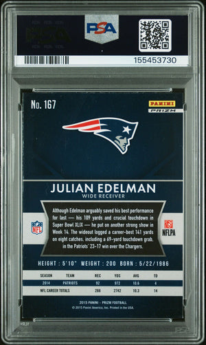 Julian Edelman 2015 Panini Prizm Red White Blue New England Patriots Signed Football Card #167 Graded PSA 8 Auto 10 Cert #155453730-Powers Sports Memorabilia