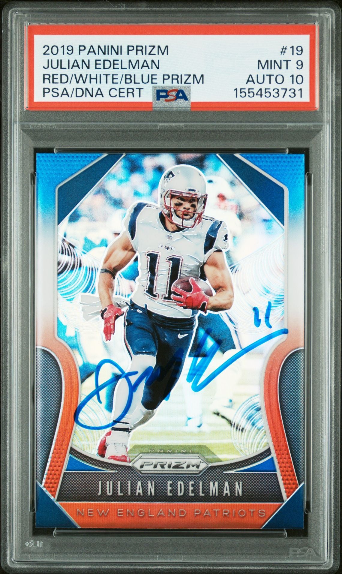 Julian Edelman 2019 Panini Prizm Red White Blue New England Patriots Signed Football Card #19 Graded PSA 9 Auto 10 Cert #155453731