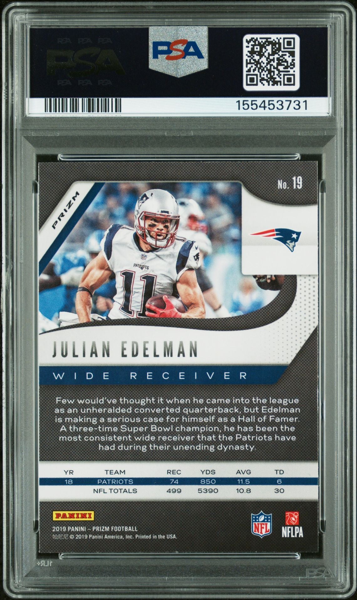 Julian Edelman 2019 Panini Prizm Red White Blue New England Patriots Signed Football Card #19 Graded PSA 9 Auto 10 Cert #155453731