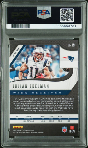 Julian Edelman 2019 Panini Prizm Red White Blue New England Patriots Signed Football Card #19 Graded PSA 9 Auto 10 Cert #155453731-Powers Sports Memorabilia