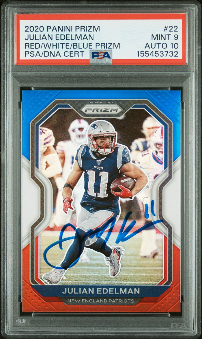 Julian Edelman 2020 Panini Prizm Red White Blue New England Patriots Signed Football Card #22 Graded PSA 9 Auto 10 Cert #155453732-Powers Sports Memorabilia