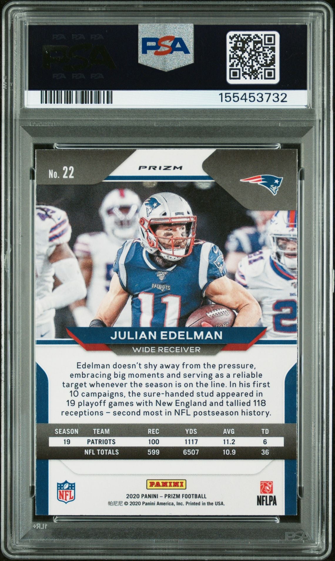 Julian Edelman 2020 Panini Prizm Red White Blue New England Patriots Signed Football Card #22 Graded PSA 9 Auto 10 Cert #155453732-Powers Sports Memorabilia