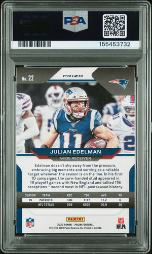 Julian Edelman 2020 Panini Prizm Red White Blue New England Patriots Signed Football Card #22 Graded PSA 9 Auto 10 Cert #155453732-Powers Sports Memorabilia