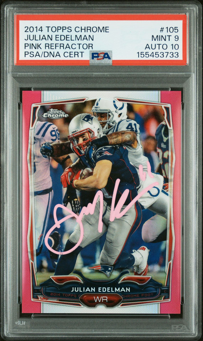 Julian Edelman 2014 Topps Chrome Pink Refractor New England Patriots Signed Football Card #105 Graded PSA 9 Auto 10 Serial 367/399 Cert #155453733-Powers Sports Memorabilia