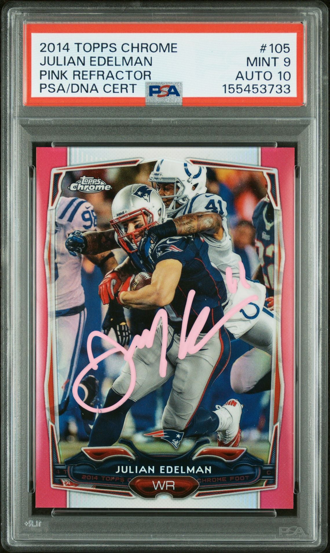 Julian Edelman 2014 Topps Chrome Pink Refractor New England Patriots Signed Football Card #105 Graded PSA 9 Auto 10 Serial 367/399 Cert #155453733