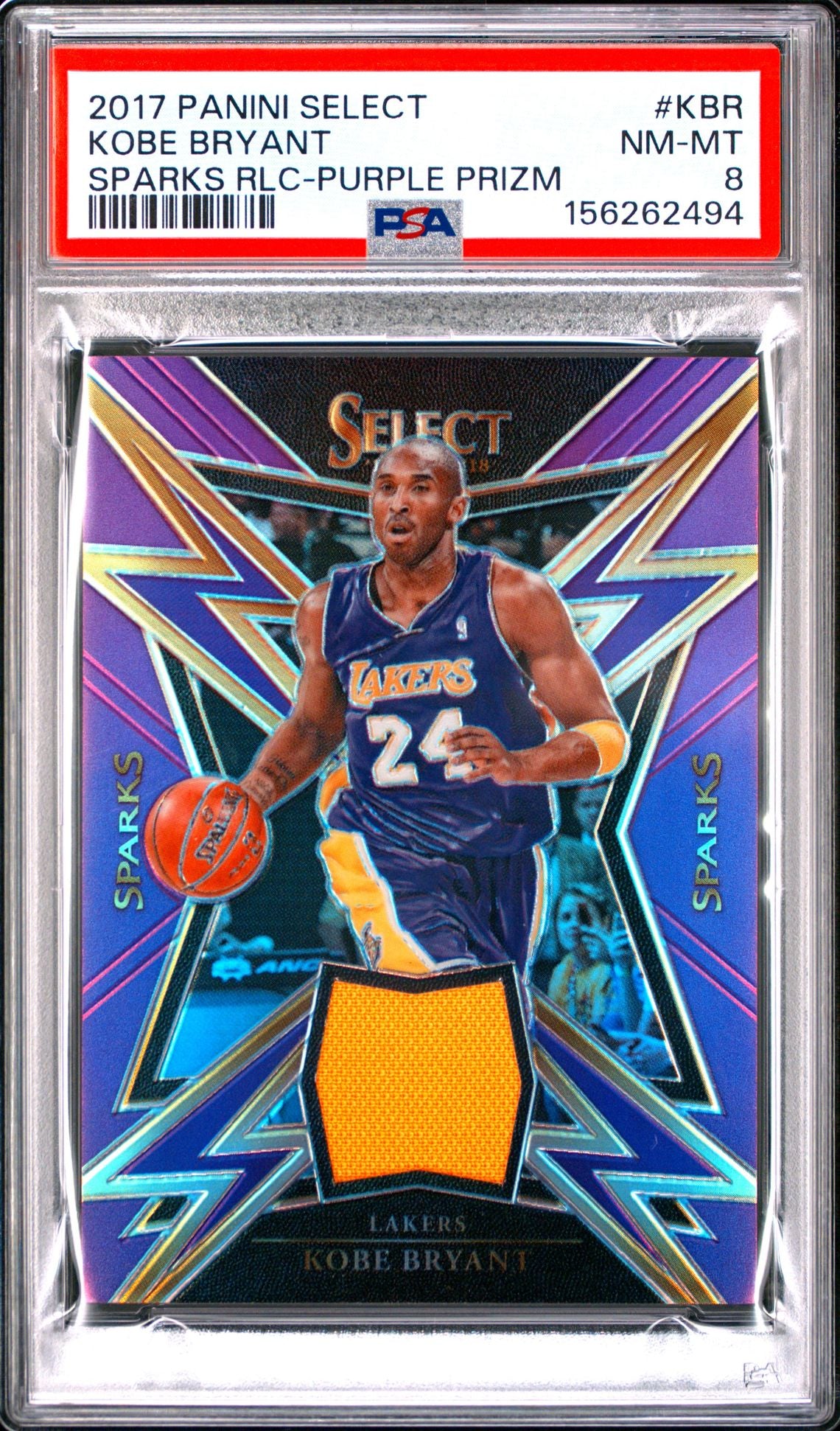 Kobe Bryant 2017 Panini Select Sparks Relic Purple Prizm Game Worn Used Jersey Patch Los Angeles Lakers Basketball Card #KBR Graded PSA 8 Cert #156262494 70/99-Powers Sports Memorabilia