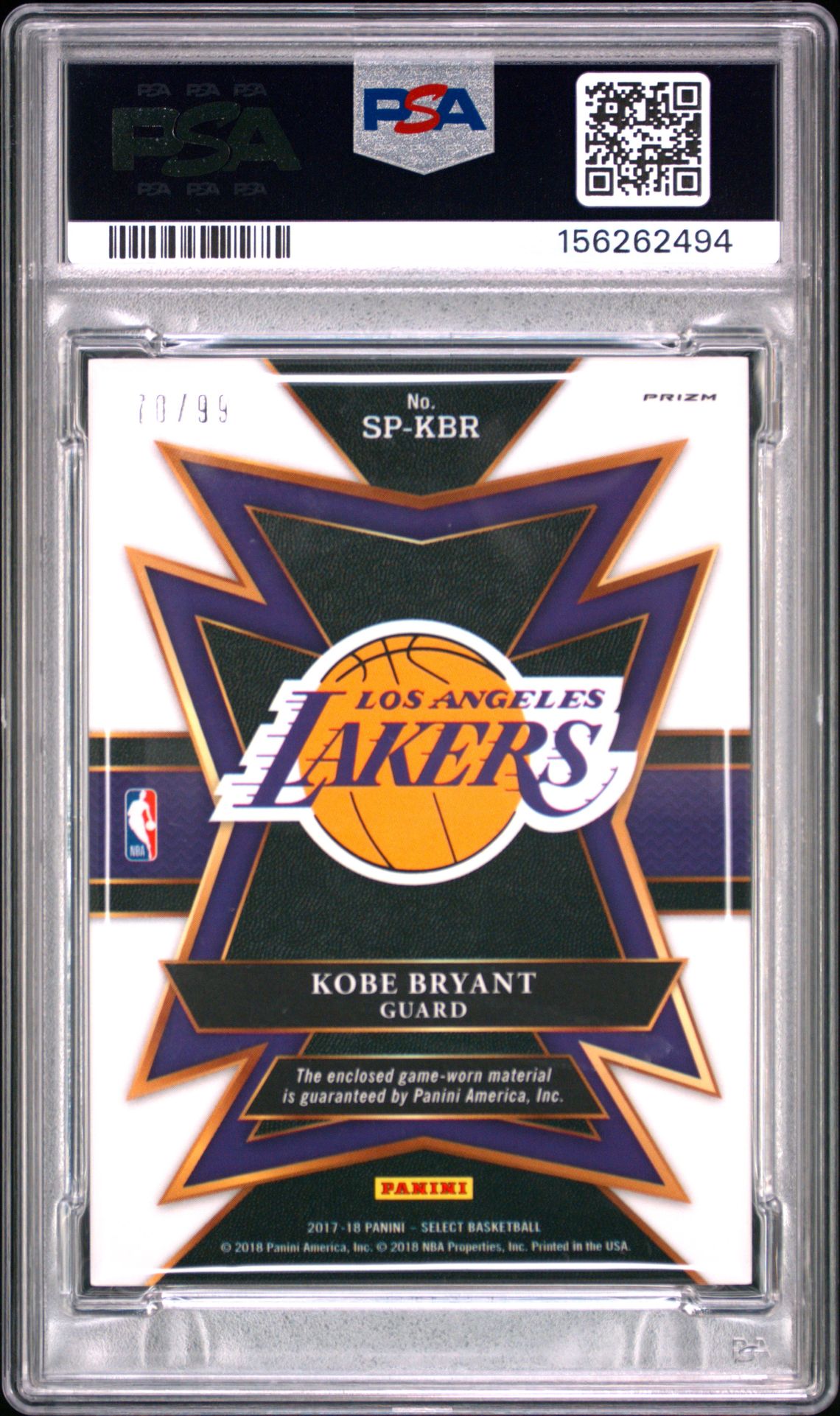 Kobe Bryant 2017 Panini Select Sparks Relic Purple Prizm Game Worn Used Jersey Patch Los Angeles Lakers Basketball Card #KBR Graded PSA 8 Cert #156262494 70/99-Powers Sports Memorabilia
