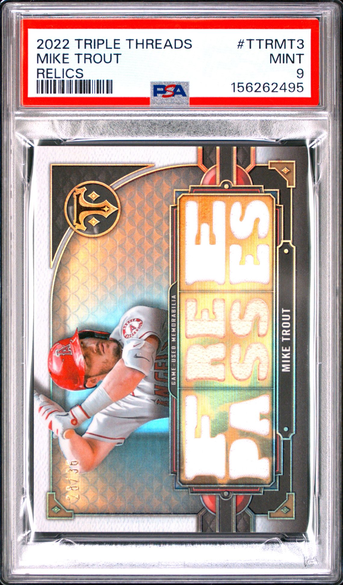 Mike Trout 2022 Triple Threads Relics Patch Los Angeles Angels Baseball Card #TTRMT3 Graded PSA 9 Serial #28/36 Cert #156262495-Powers Sports Memorabilia