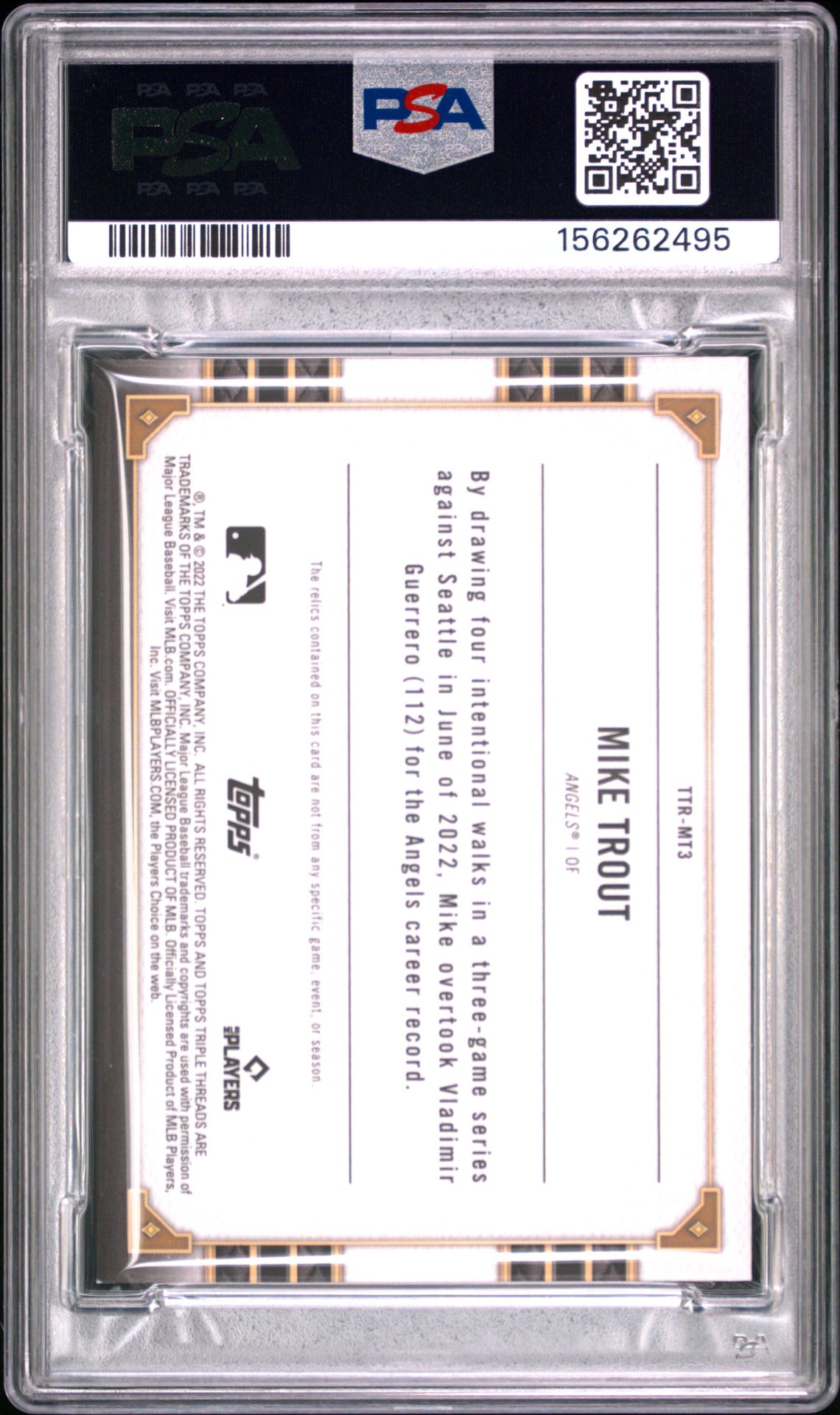Mike Trout 2022 Triple Threads Relics Patch Los Angeles Angels Baseball Card #TTRMT3 Graded PSA 9 Serial #28/36 Cert #156262495-Powers Sports Memorabilia