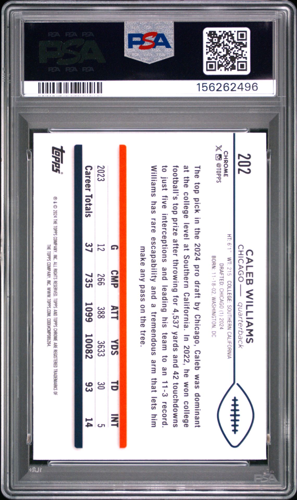Caleb Williams 2024 Topps Sapphire Chicago Bears Football RC Rookie Card #202 Graded PSA 9 Cert #156262496-Powers Sports Memorabilia