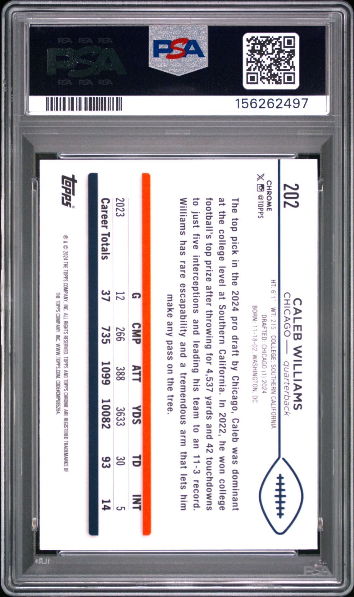 Caleb Williams 2024 Topps Sapphire Chicago Bears Football RC Rookie Card #202 Graded PSA 10 Cert #156262497-Powers Sports Memorabilia