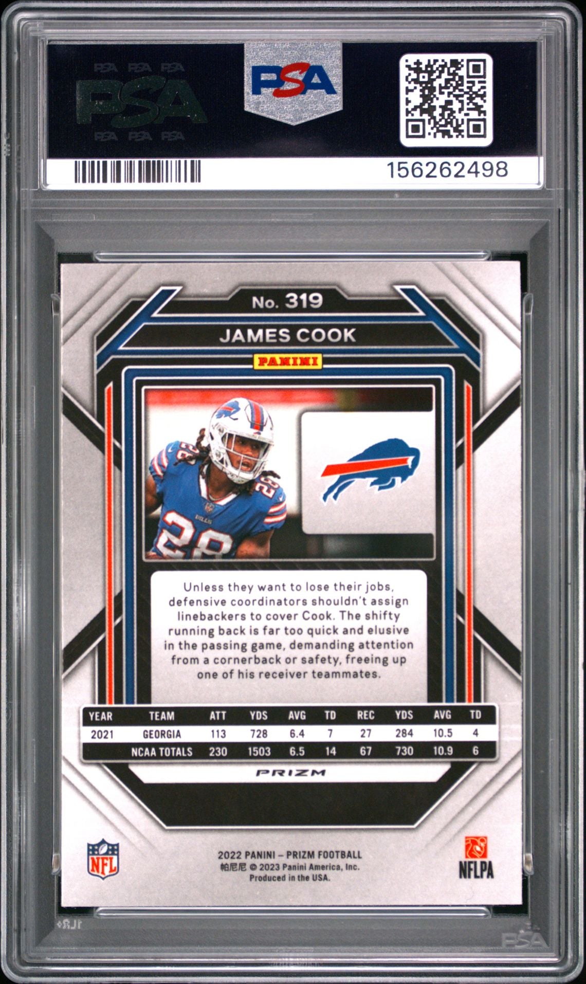 James Cook 2022 Panini Prizm Red White Blue Buffalo Bills Football RC Rookie Card #319 Graded PSA 9 Cert #156262498-Powers Sports Memorabilia