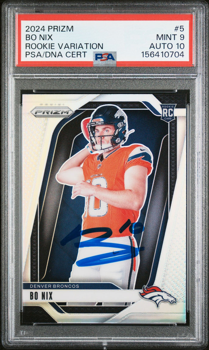 Bo Nix 2024 Panini Prizm Variation Denver Broncos Signed Football RC Rookie Card #5 Graded PSA 9 Auto 10 Cert #156410704-Powers Sports Memorabilia