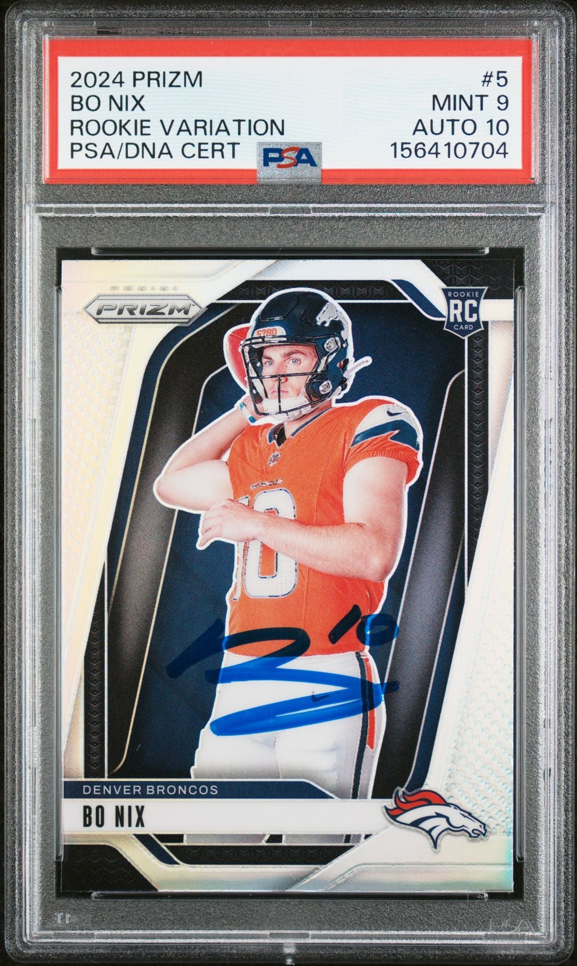 Bo Nix 2024 Panini Prizm Variation Denver Broncos Signed Football RC Rookie Card #5 Graded PSA 9 Auto 10 Cert #156410704