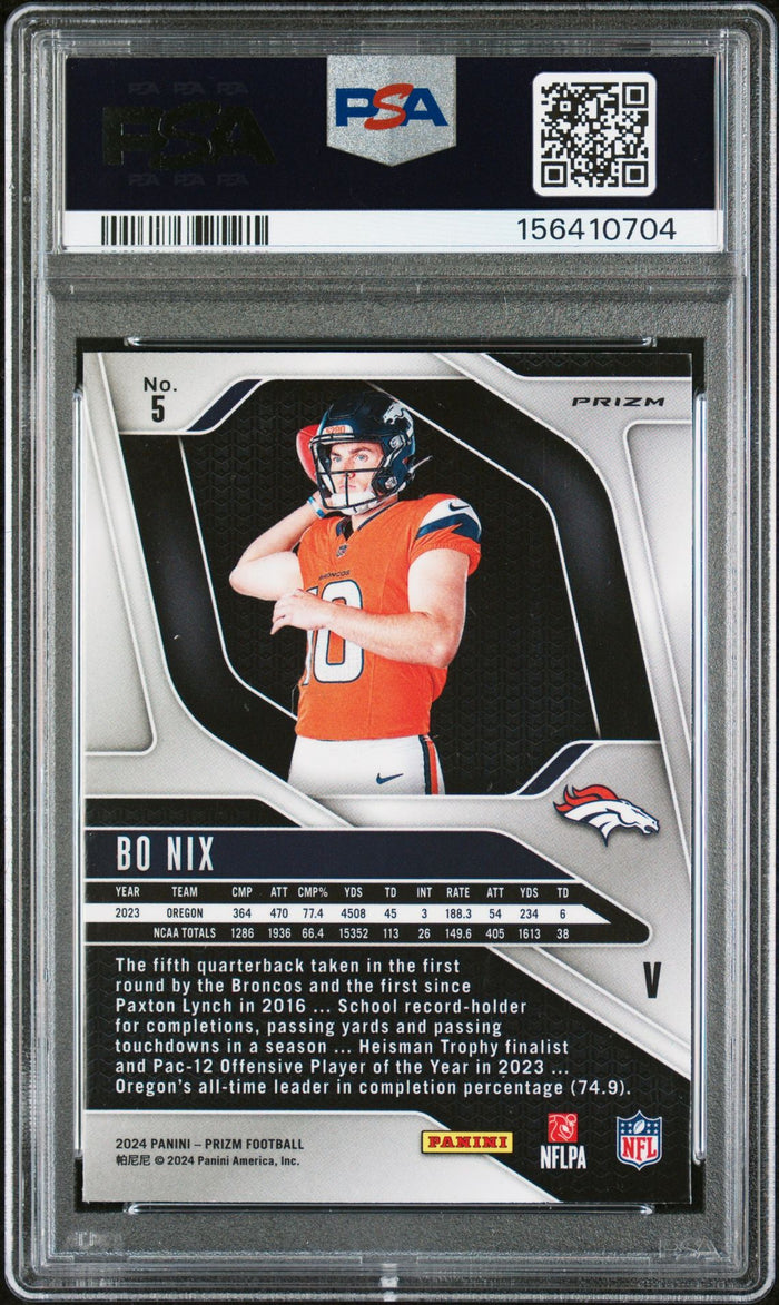 Bo Nix 2024 Panini Prizm Variation Denver Broncos Signed Football RC Rookie Card #5 Graded PSA 9 Auto 10 Cert #156410704-Powers Sports Memorabilia