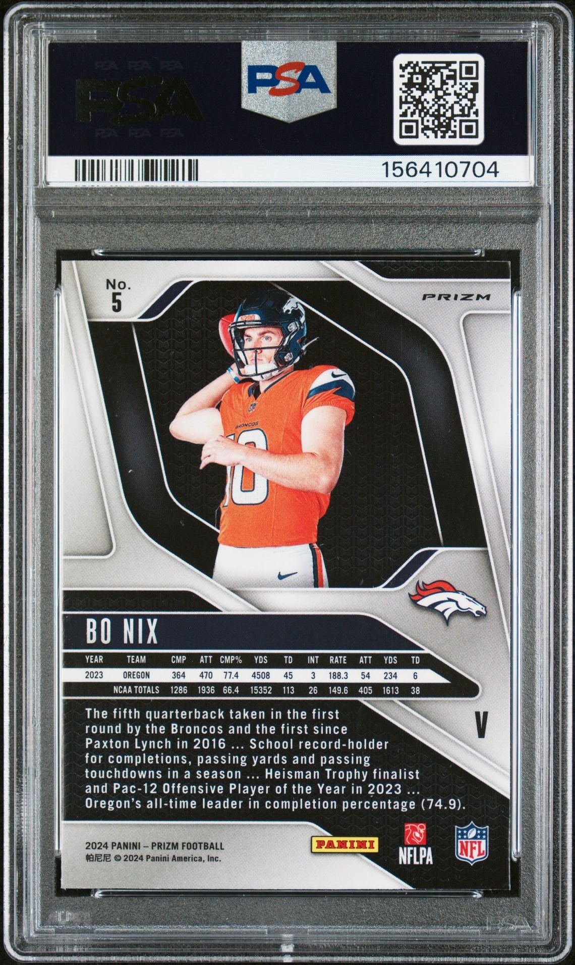 Bo Nix 2024 Panini Prizm Variation Denver Broncos Signed Football RC Rookie Card #5 Graded PSA 9 Auto 10 Cert #156410704