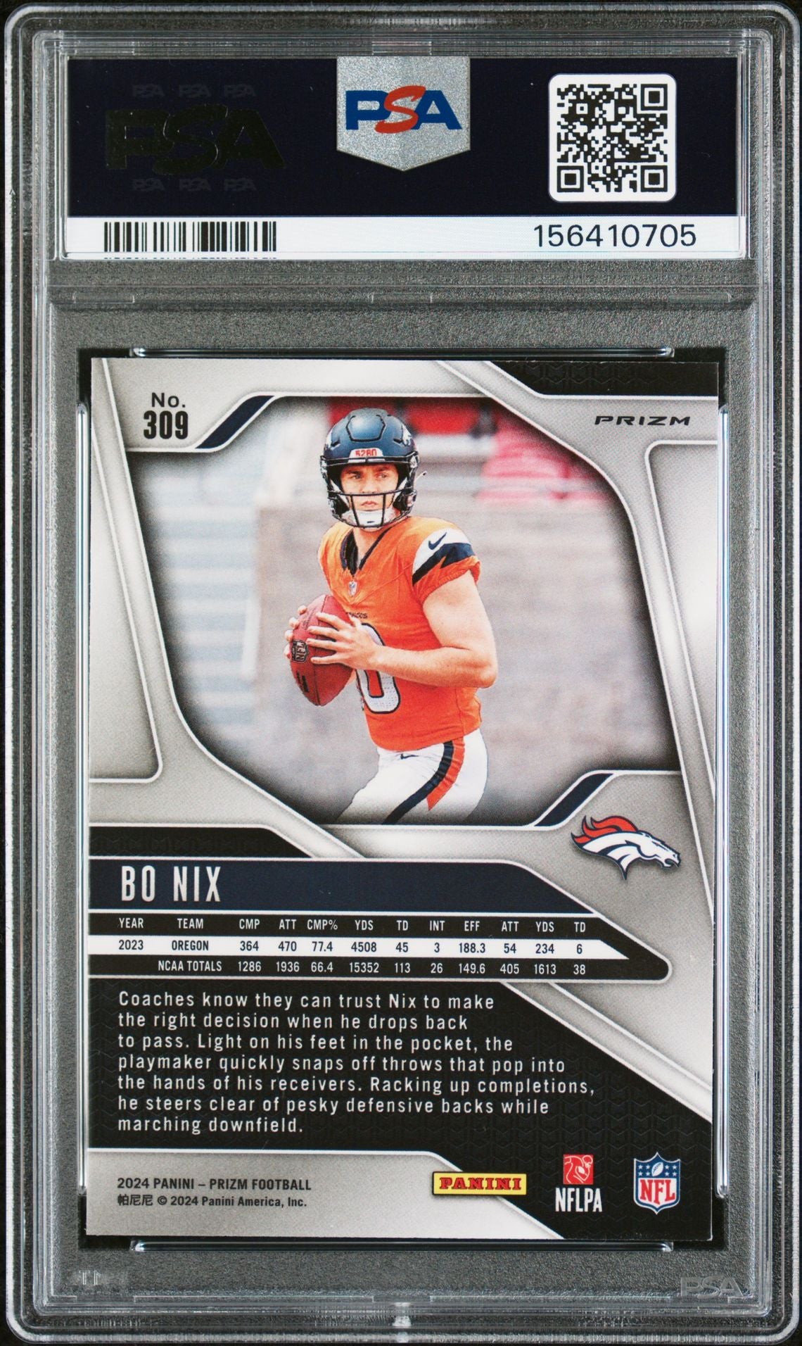 Bo Nix 2024 Panini Prizm Silver Denver Broncos Signed Football RC Rookie Card #309 Graded PSA 9 Auto 10 Cert #156410705