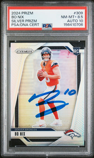 Bo Nix 2024 Panini Prizm Silver Denver Broncos Signed Football RC Rookie Card #309 Graded PSA 8.5 Auto 10 Cert #156410706-Powers Sports Memorabilia