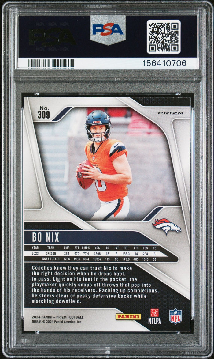 Bo Nix 2024 Panini Prizm Silver Denver Broncos Signed Football RC Rookie Card #309 Graded PSA 8.5 Auto 10 Cert #156410706