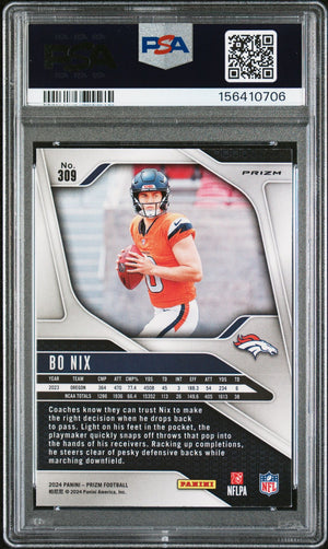 Bo Nix 2024 Panini Prizm Silver Denver Broncos Signed Football RC Rookie Card #309 Graded PSA 8.5 Auto 10 Cert #156410706-Powers Sports Memorabilia
