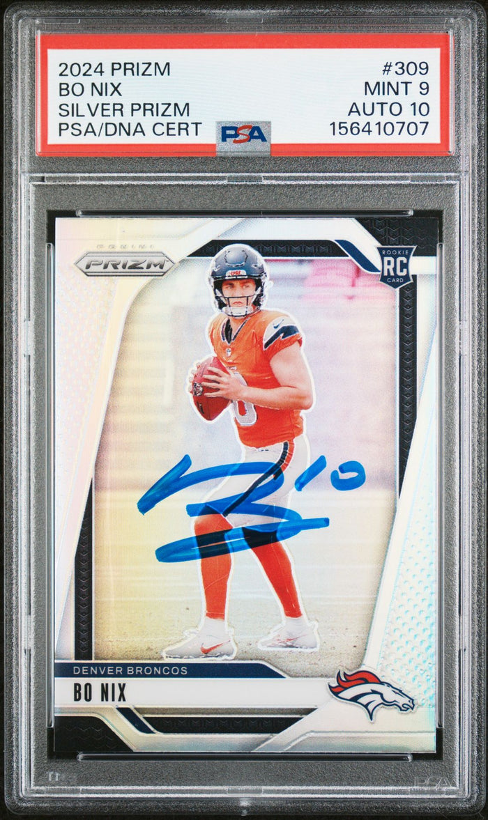 Bo Nix 2024 Panini Prizm Silver Denver Broncos Signed Football RC Rookie Card #309 Graded PSA 9 Auto 10 Cert #156410707-Powers Sports Memorabilia