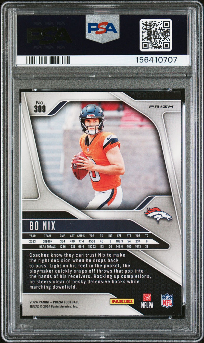 Bo Nix 2024 Panini Prizm Silver Denver Broncos Signed Football RC Rookie Card #309 Graded PSA 9 Auto 10 Cert #156410707-Powers Sports Memorabilia