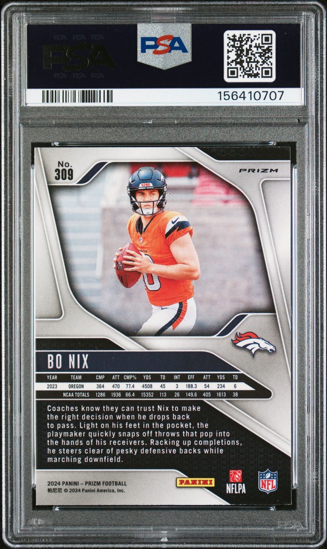 Bo Nix 2024 Panini Prizm Silver Denver Broncos Signed Football RC Rookie Card #309 Graded PSA 9 Auto 10 Cert #156410707