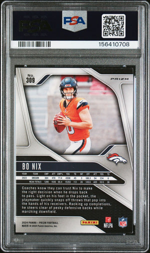 Bo Nix 2024 Panini Prizm Silver Denver Broncos Signed Football RC Rookie Card #309 Graded PSA 8 Auto 10 Cert #156410708