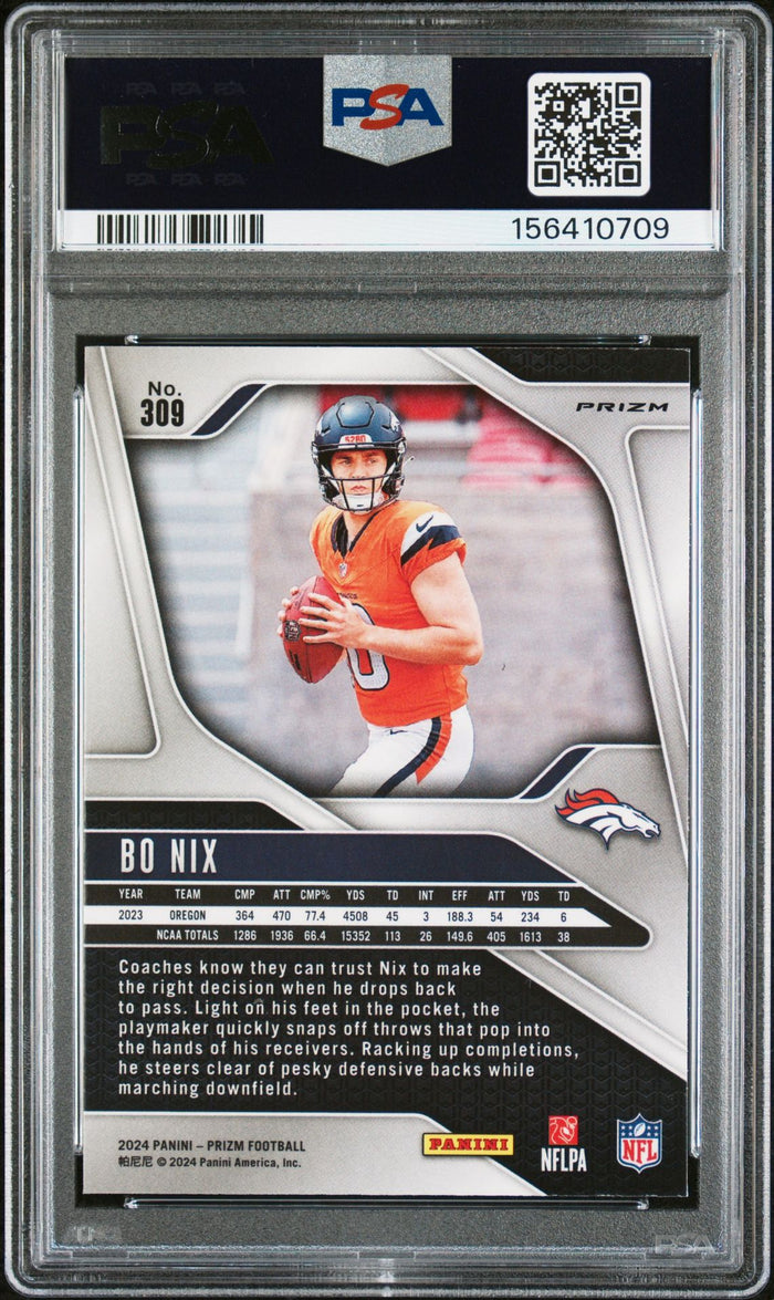 Bo Nix 2024 Panini Prizm Silver Denver Broncos Signed Football RC Rookie Card #309 Graded PSA 8 Auto 10 Cert #156410709-Powers Sports Memorabilia