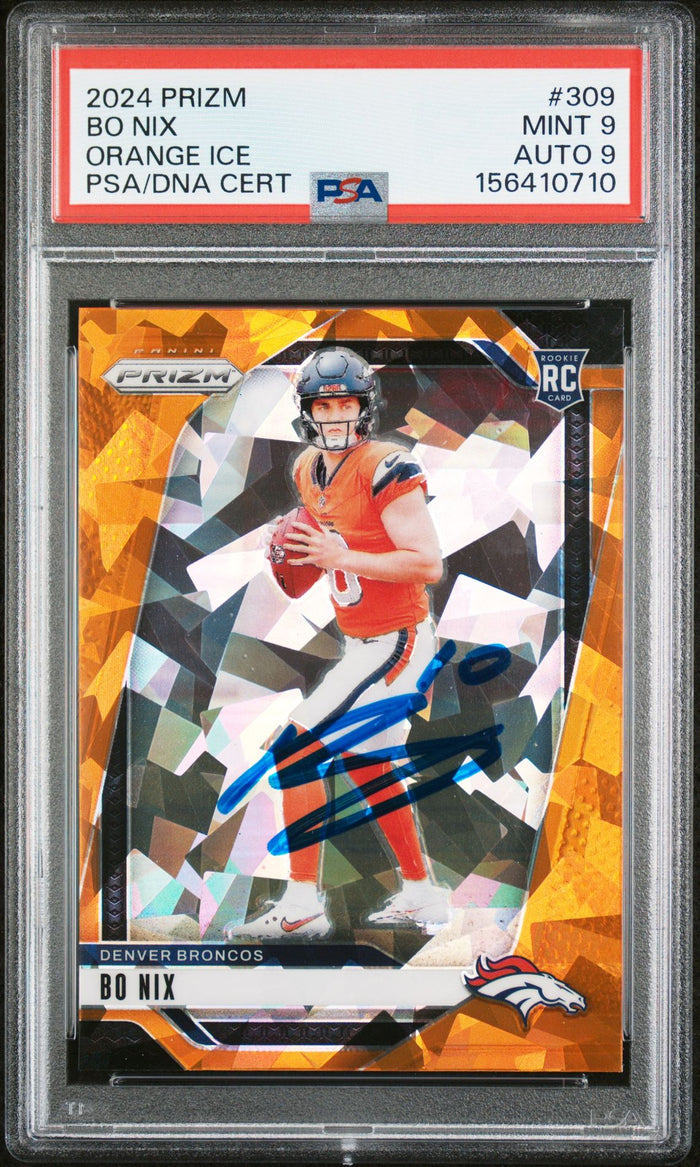 Bo Nix 2024 Panini Prizm Orange Ice Denver Broncos Signed Football RC Rookie Card #309 Graded PSA 9 Auto 9 Cert #156410710