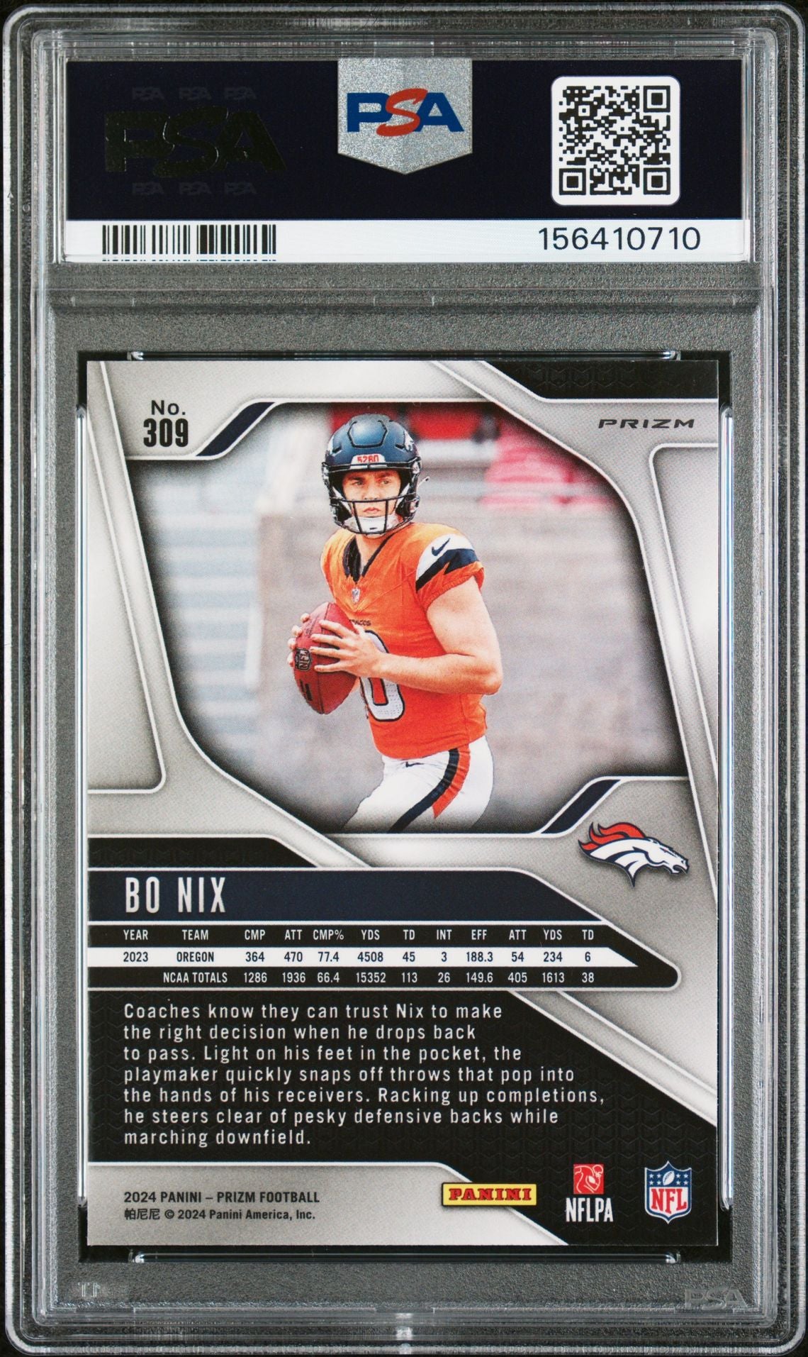 Bo Nix 2024 Panini Prizm Orange Ice Denver Broncos Signed Football RC Rookie Card #309 Graded PSA 9 Auto 9 Cert #156410710-Powers Sports Memorabilia