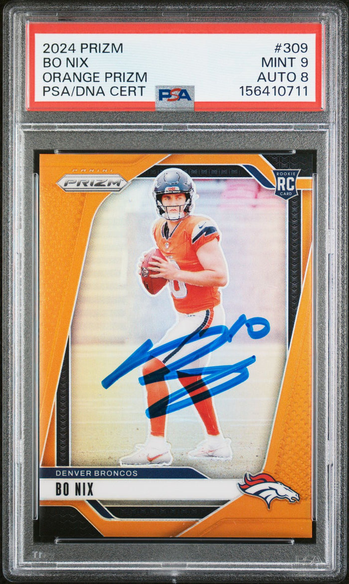 Bo Nix 2024 Panini Prizm Orange Denver Broncos Signed Football RC Rookie Card #309 Graded PSA 9 Auto 8 Cert #156410711 166/249