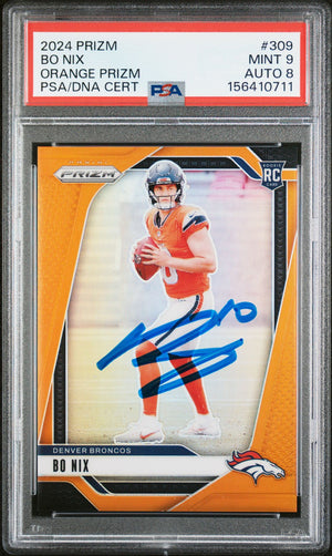 Bo Nix 2024 Panini Prizm Orange Denver Broncos Signed Football RC Rookie Card #309 Graded PSA 9 Auto 8 Cert #156410711 166/249-Powers Sports Memorabilia