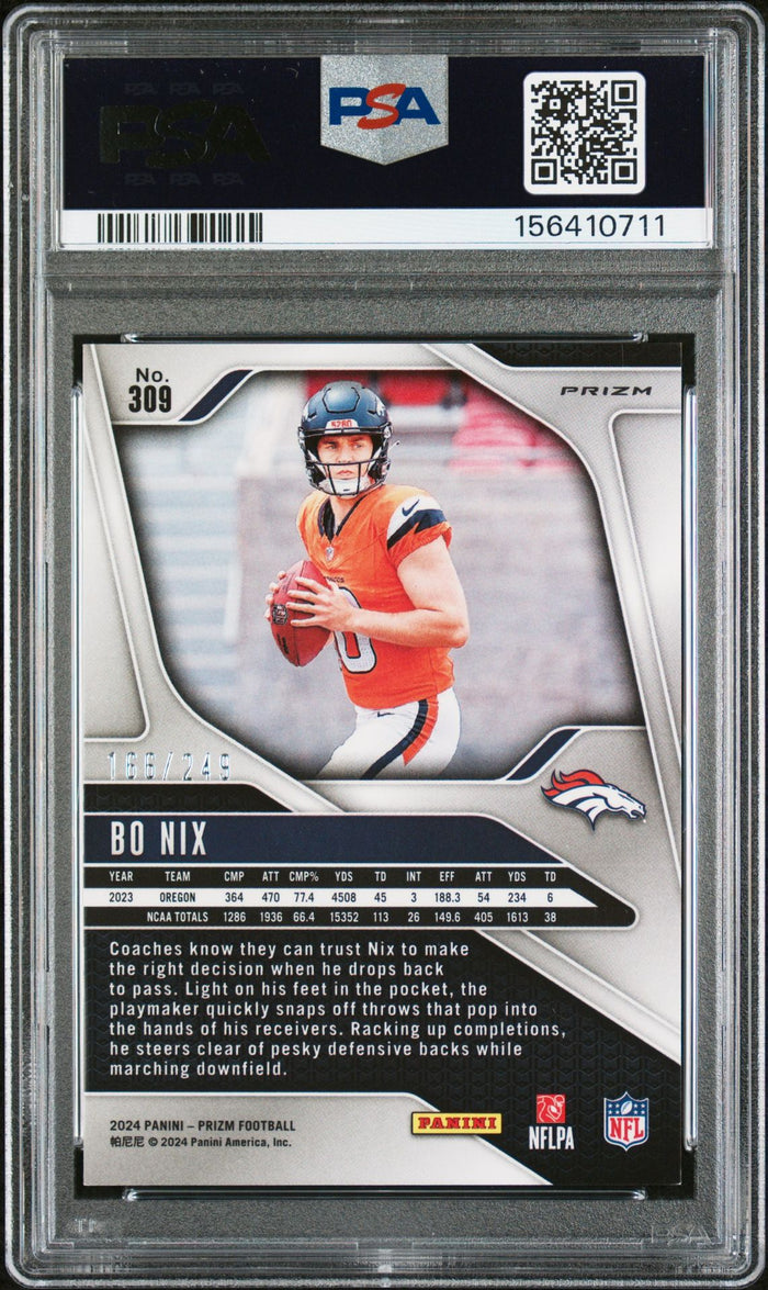 Bo Nix 2024 Panini Prizm Orange Denver Broncos Signed Football RC Rookie Card #309 Graded PSA 9 Auto 8 Cert #156410711 166/249