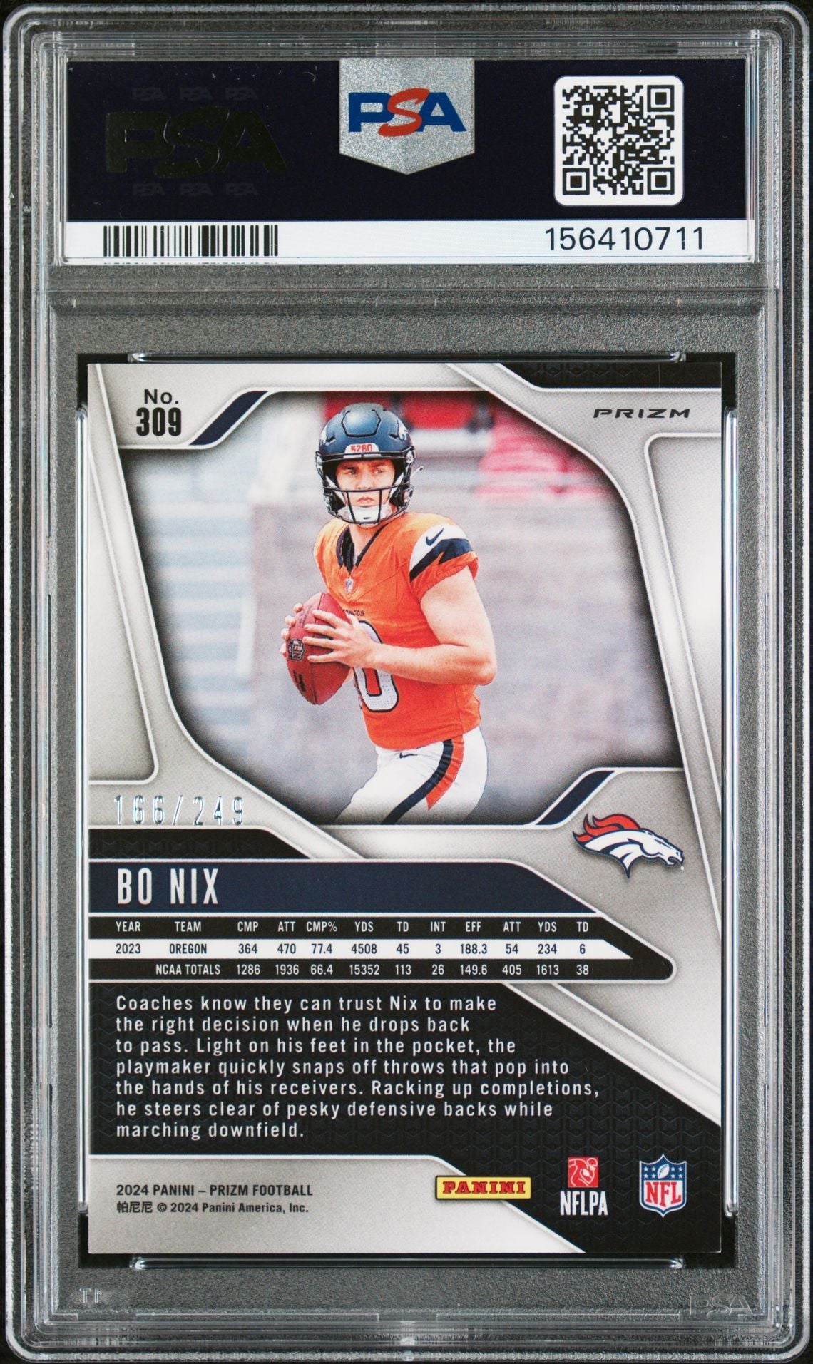 Bo Nix 2024 Panini Prizm Orange Denver Broncos Signed Football RC Rookie Card #309 Graded PSA 9 Auto 8 Cert #156410711 166/249-Powers Sports Memorabilia