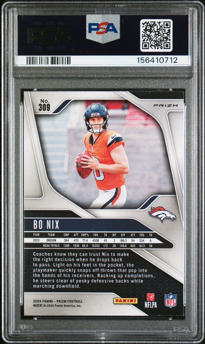 Bo Nix 2024 Panini Prizm Pink Denver Broncos Signed Football RC Rookie Card #309 Graded PSA 9 Auto 10 Cert #156410712-Powers Sports Memorabilia