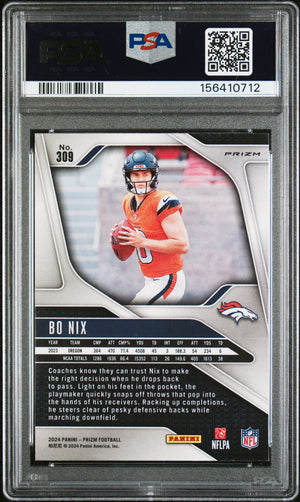 Bo Nix 2024 Panini Prizm Pink Denver Broncos Signed Football RC Rookie Card #309 Graded PSA 9 Auto 10 Cert #156410712