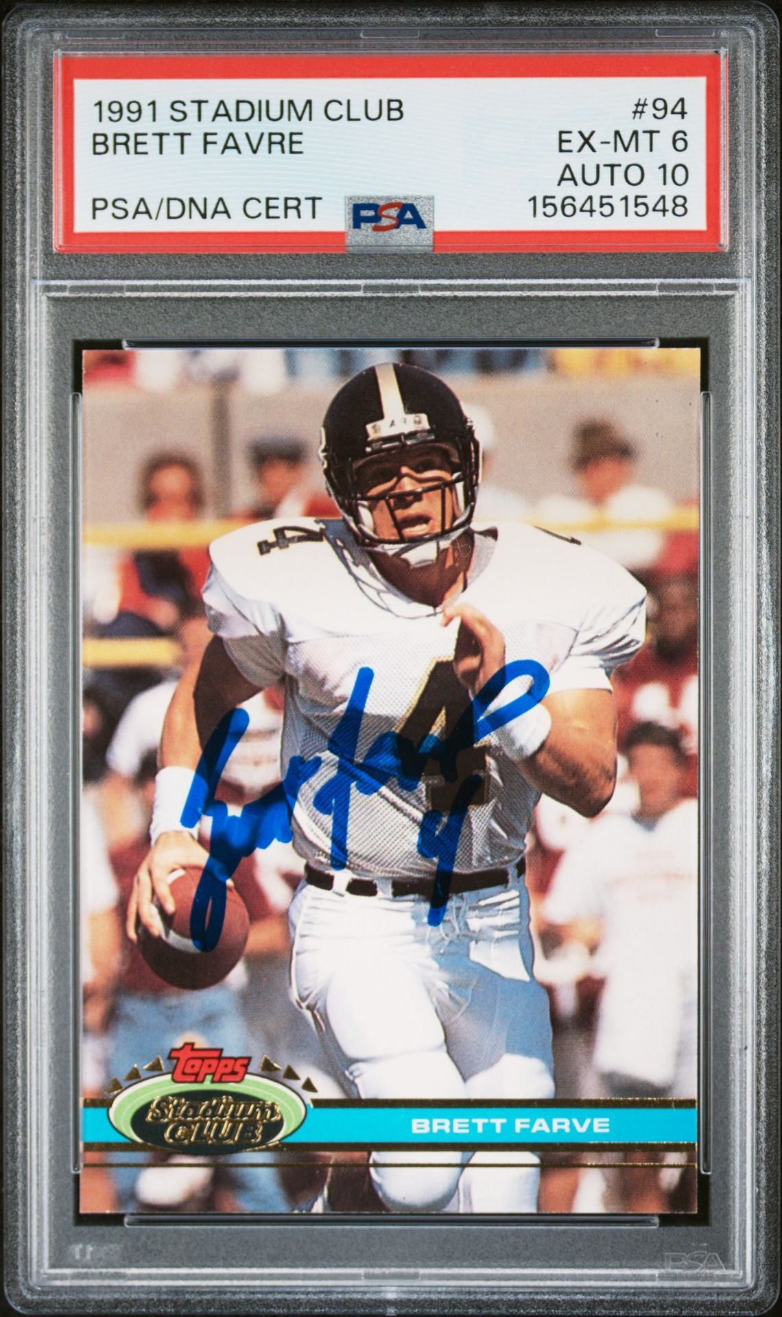 Brett Favre 1991 Topps Stadium Rookie Card #94 PSA 6 Auto 10