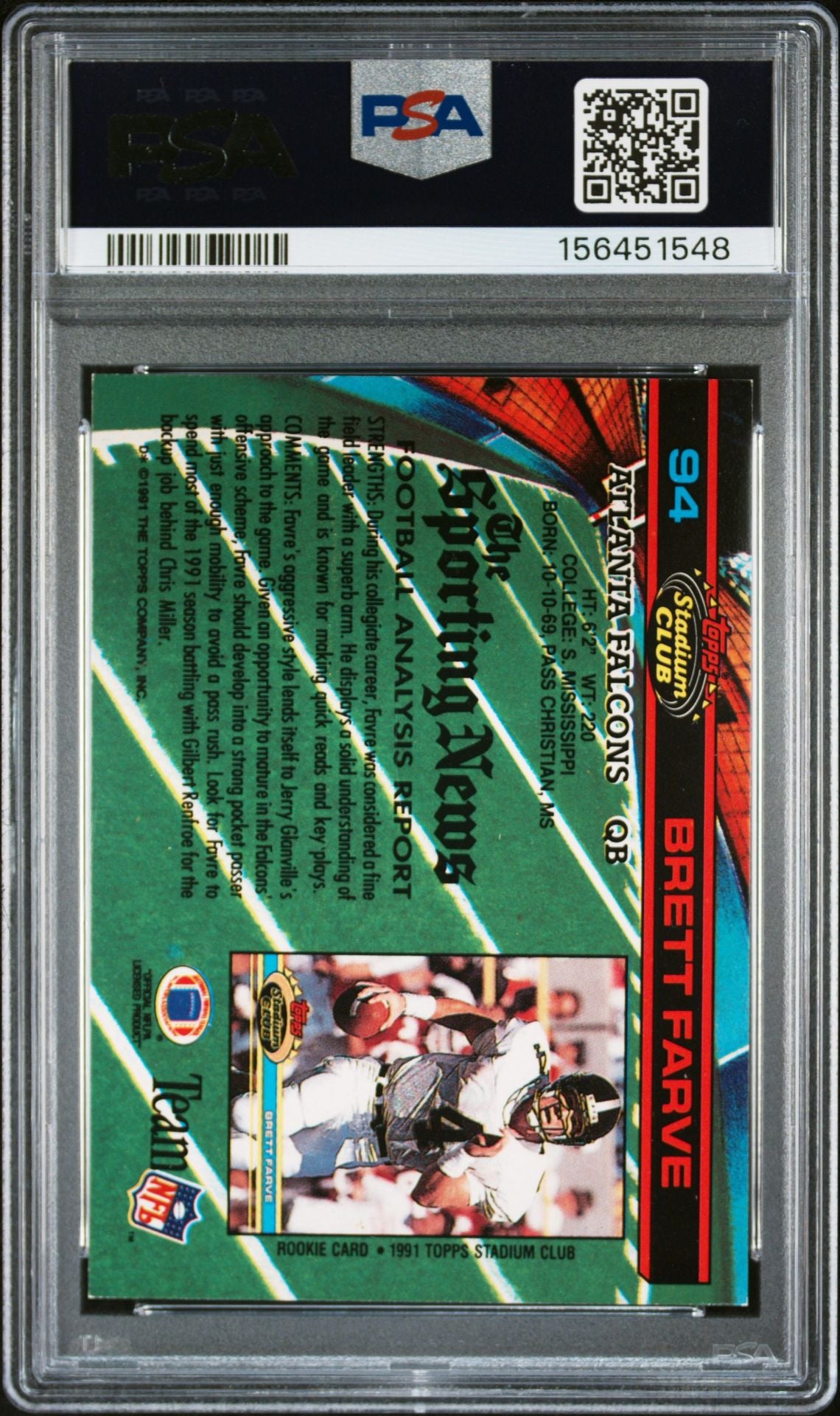 Brett Favre 1991 Topps Stadium Rookie Card #94 PSA 6 Auto 10