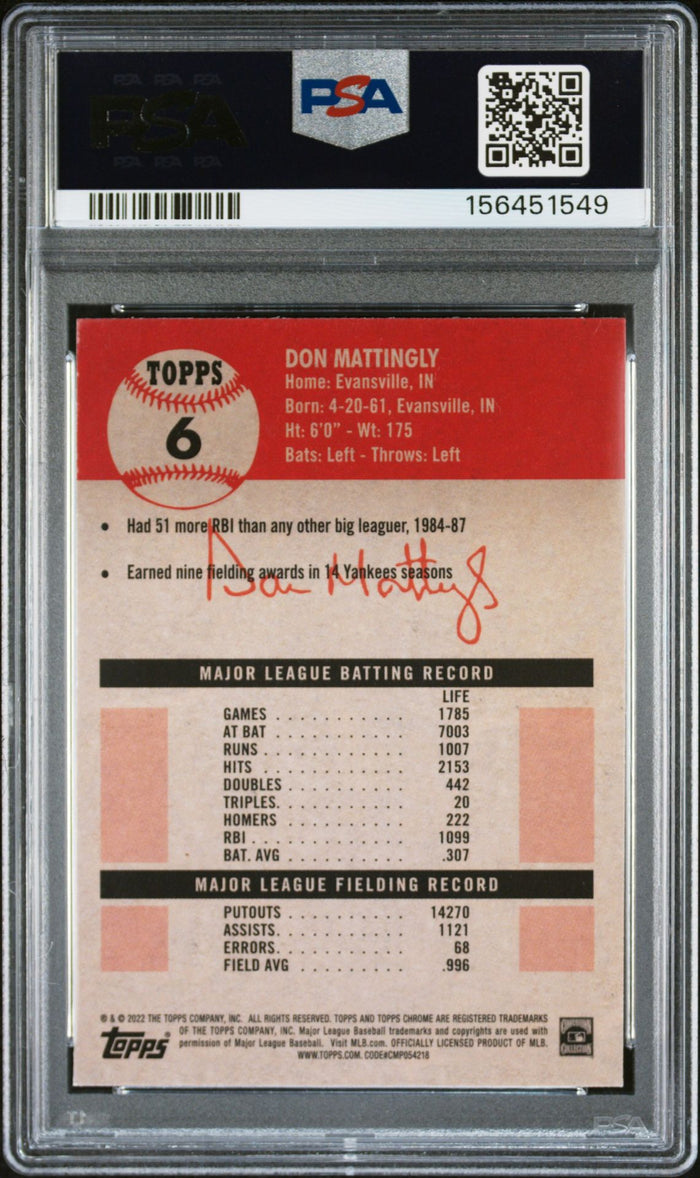 Don Mattingly 2022 Topps Chrome Blue Prism Card #6 PSA 9 Auto 10 156451549