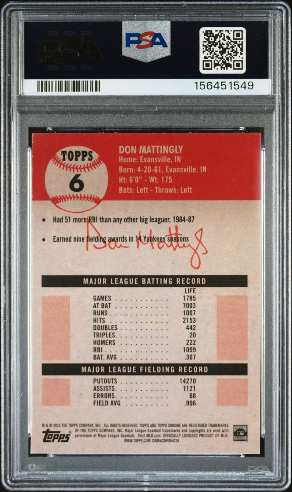 Don Mattingly 2022 Topps Chrome Blue Prism Card #6 PSA 9 Auto 10 156451549