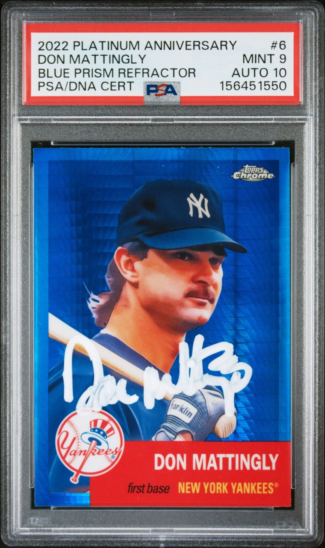 Don Mattingly 2022 Topps Chrome Blue Prism Card #6 PSA 9 Auto 10 156451550